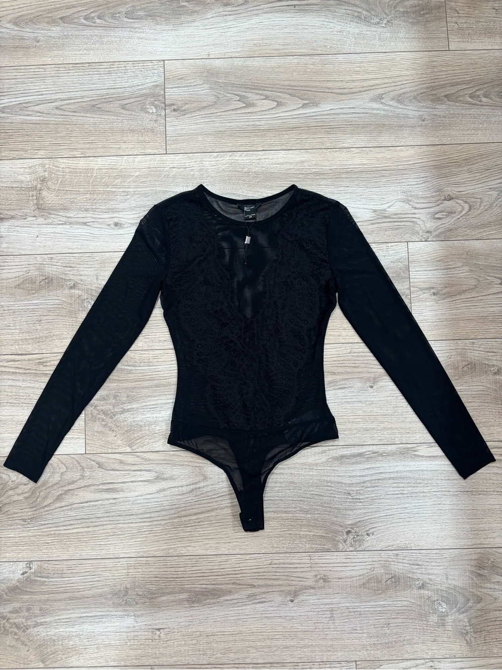 Marciano by Guess Sheer Lace-Panel Long Sleeve Black Bodysuit